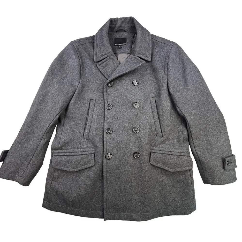 Banana Republic Double Breasted Pea Coat Men XL Gray Wool Blend Classic Jacket